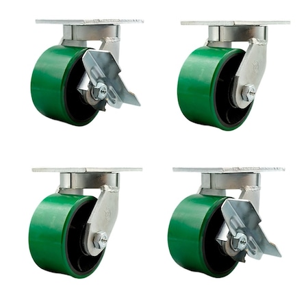 Service Caster 6'' Heavy Duty Green Poly on Cast Iron Caster Set 2 Swivel Lock 2 Brakes, 4PK CRAN-SCC-KP92S630-PUR-GB-BSL-2-SLB-2